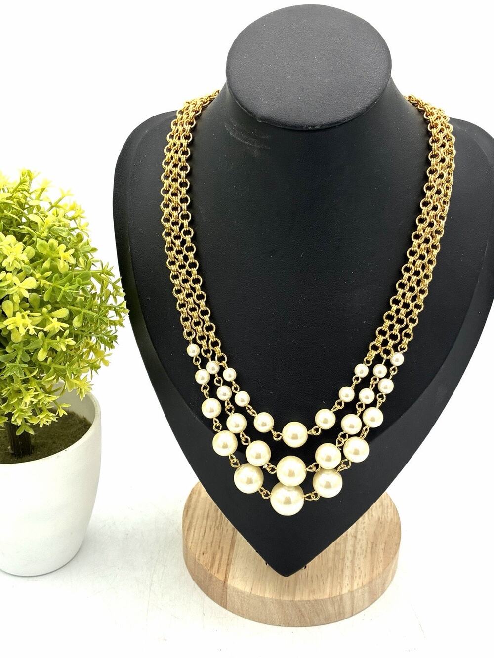 Vintage Avon Triple Strand Faux Pearl Necklace, Graduated Gold Tone Statement